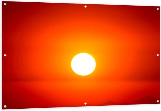 Tuinposter – Ondergaande Zon met Bergtoppen - 150x100cm Foto op Tuinposter  (wanddecoratie voor buiten en binnen)