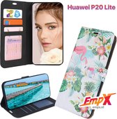 EmpX.nl Huawei P20 Lite Print (Flamingo) Boekhoesje | Portemonnee Book Case voor Huawei Huawei P20 Lite met Print (Flamingo) | Met Multi Stand Functie | Kaarthouder Card Case Huawei P20 Lite 