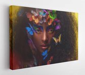 Onlinecanvas - Schilderij - Beautiful African Girl Surrounded By Butterflies Art Horizontal Horizontal - Multicolor - 60 X 80 Cm
