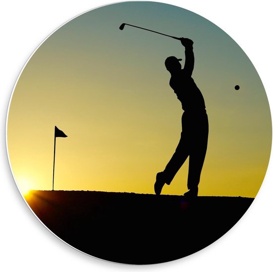 Forex Wandcirkel - Golfer met Zonsondergang - Foto op Wandcirkel (met ophangsysteem)