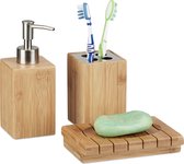 Relaxdays badkameraccessoires bamboe - 3-delige badkamerset - zeeppompje - bekertje hout