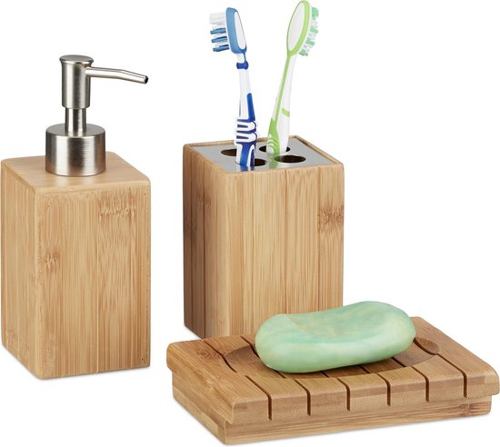 Riet Wonen hand Relaxdays badkameraccessoires bamboe - 3-delige badkamerset - zeeppompje -  bekertje hout | bol.com