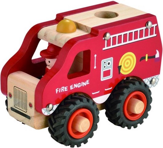 Brandweerauto Hout - Met Rubberen Wielen - Simply for Kids - Klein - 13 cm cadeau geven