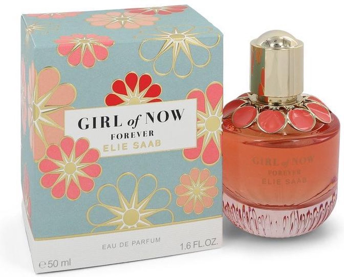 Doos en flesje "Girl of Now Forever" Elie Saab eau de parfum. Doos met blauwe achtergrond en bloemenpatroon in roze en goud.
