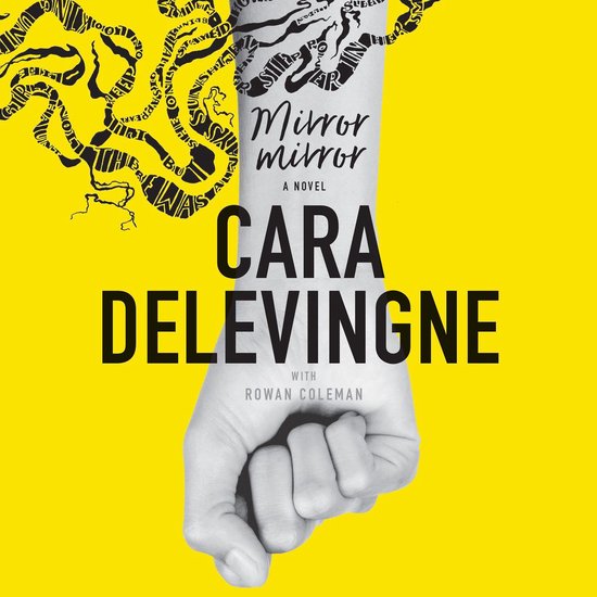 Boekcover 'Mirror Mirror' van Cara Delevingne, met gele achtergrond en een zwarte grafische afbeelding van een hand.