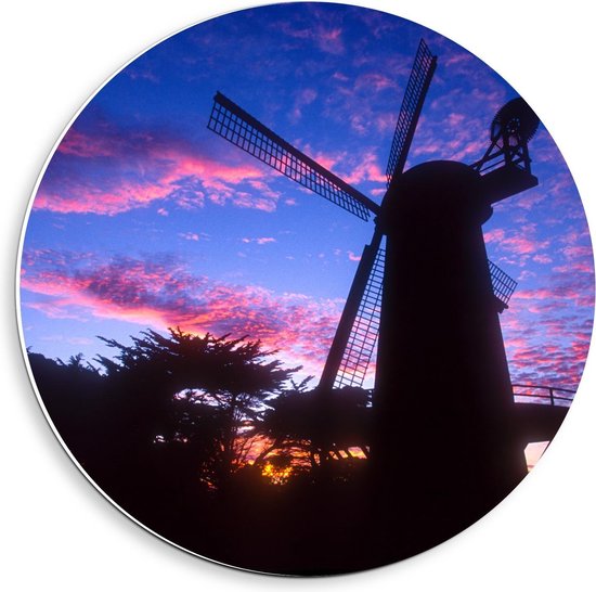 Forex Wandcirkel - Windmolen met Kleurrijke Zonsondergang - 40x40cm Foto op Wandcirkel (met ophangsysteem)