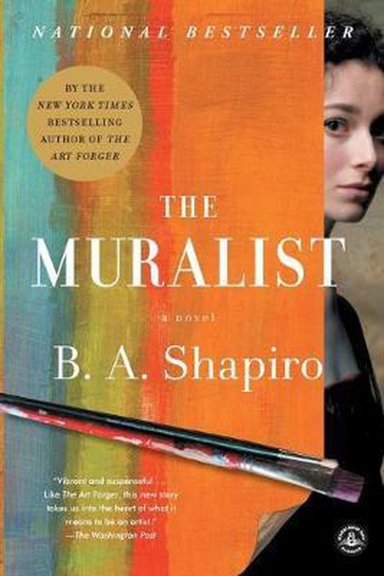 Boek "The Muralist" met een portret van een vrouw en een schilderskwast op een oranje en gekleurde achtergrond. National Bestseller.