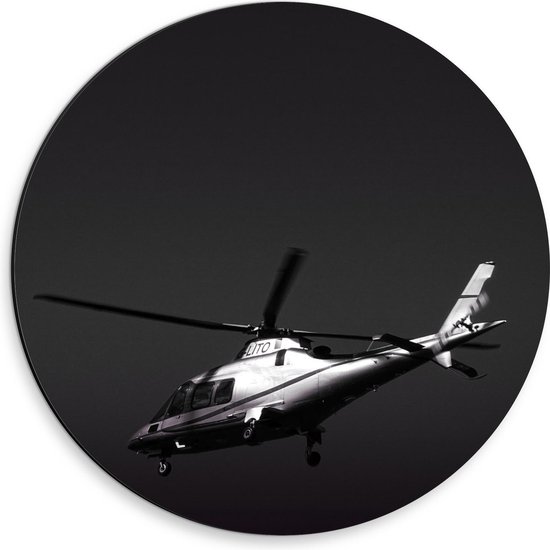 Dibond Wandcirkel - Helikopter in de Lucht (Zwart Wit)  - 30x30cm Foto op Aluminium Wandcirkel (met ophangsysteem)