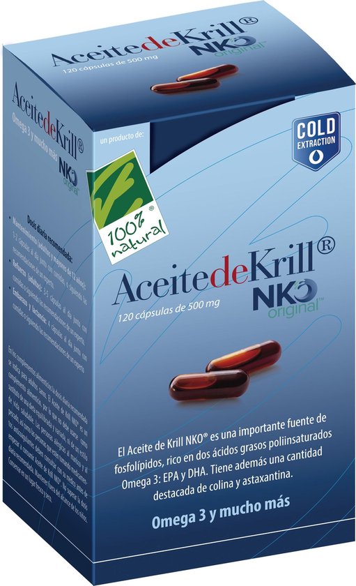 Doos met aceite de krill NK0 original, met 120 capsules van 500 mg, 'Cold Extraction' en '100% Natural'.