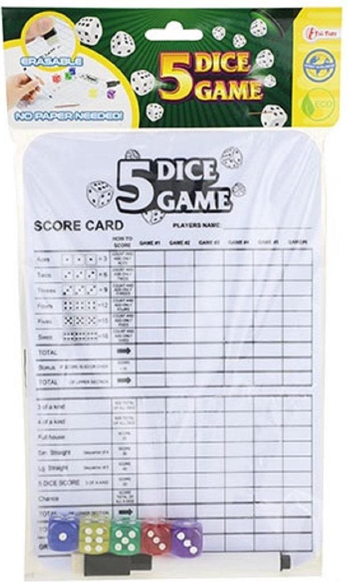 Dobbelspel met scorekaart (whiteboard) + 5x dobbelsteen - dobbelstenen - yahtzee - dobbelsteenset