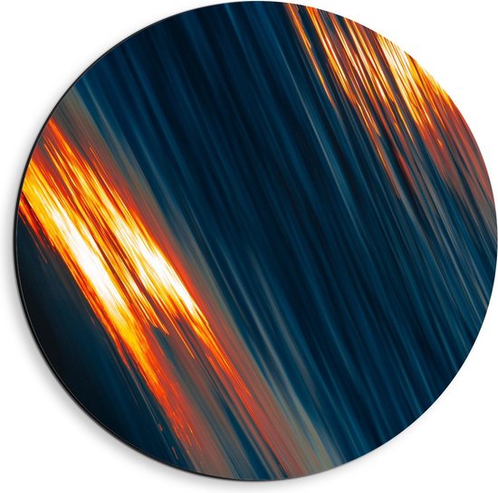 Dibond Wandcirkel - Blauw/Oranje Lichtstrepen  - 40x40cm Foto op Aluminium Wandcirkel (met ophangsysteem)