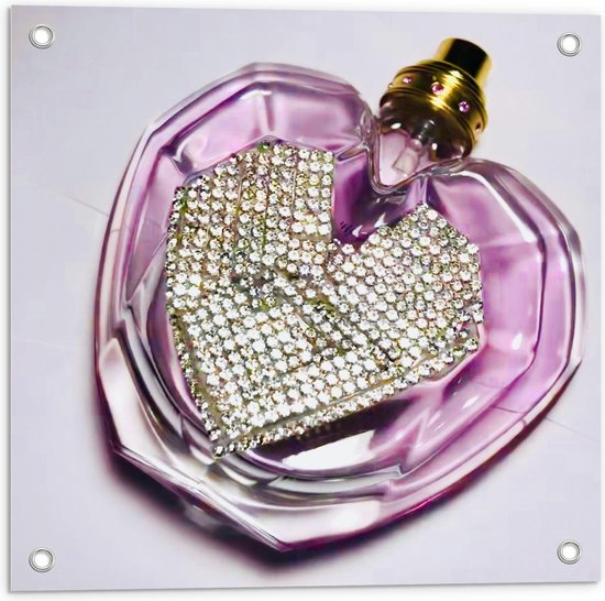 Tuinposter – Parfum In een Paars Flesje Met een Hart Van Diamanten - 50x50cm Foto op Tuinposter  (wanddecoratie voor buiten en binnen)