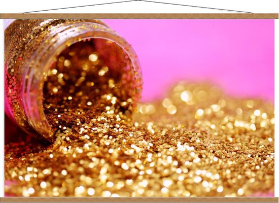 Schoolplaat – Potje Met Gouden Glitters Voor een Roze Achtergrond - 120x80cm Foto op Textielposter (Wanddecoratie op Schoolplaat)