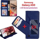 EmpX.nl Samsung Galaxy A50/A50s/A30s Donker Blauw Boekhoesje en 2x Screen Protector | Portemonnee Book Case | Met Multi Stand Functie | Kaarthouder Card Case | Beschermhoes Sleeve