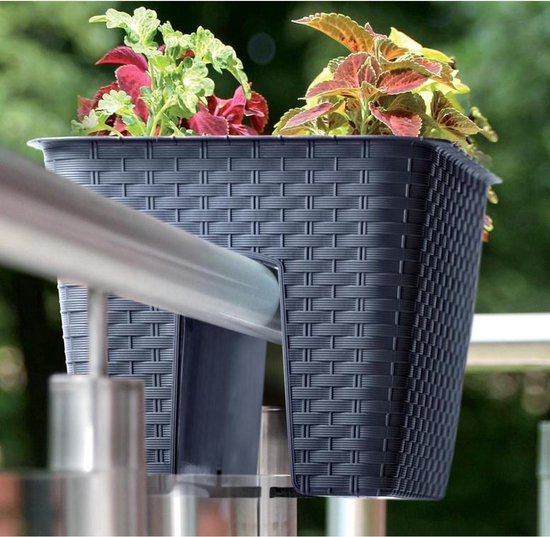 Vaso Con Sottovaso Ratolla – Effetto Rattan, 4,2 Litri, 22x22x19,5 Cm – Antracite – Plastica Resistente Per Interni/Esterni