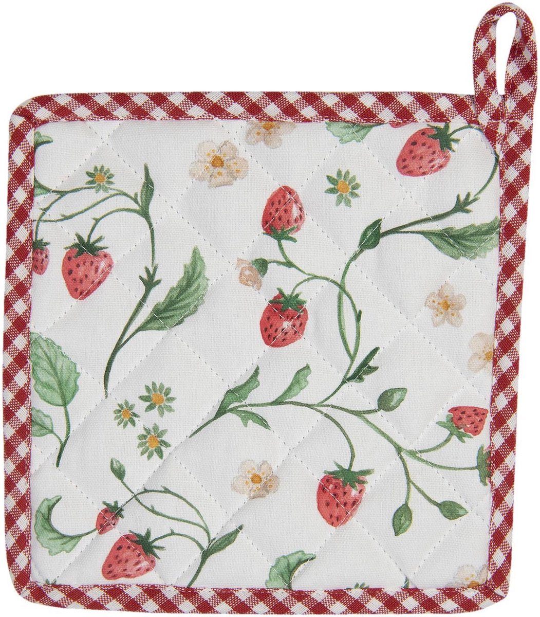 Clayre & Eef Pannenlap 20x20 cm Wit Rood Katoen Aardbeien