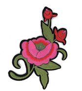 Roze Bloem Patch Met Groen Blad En Zilver Stiksel 14 x 8,5 cm