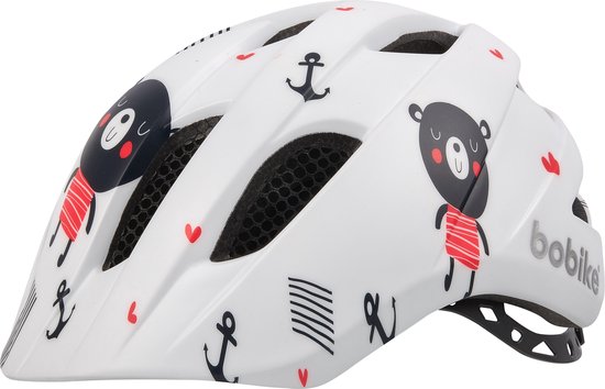 Witte Bobike kinderhelm met teddybeerprint, ankers en ventilatieopeningen met gaas.