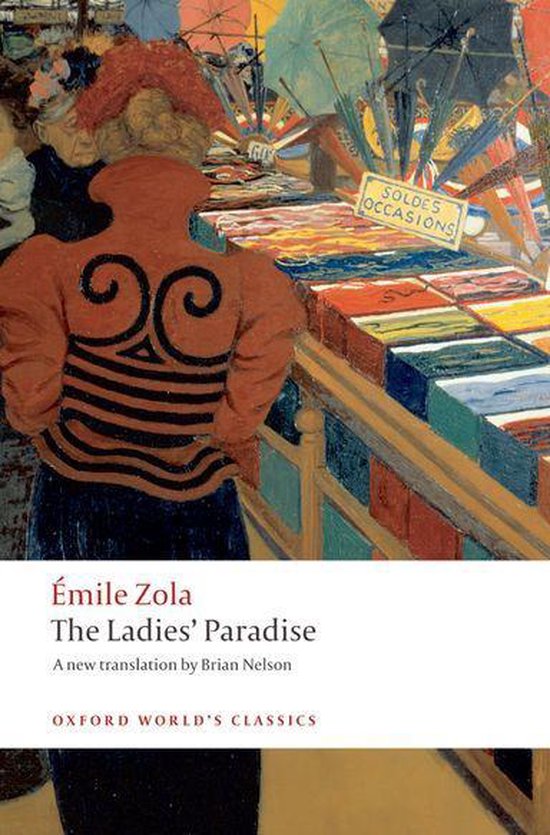 Boekhoes met schilderij van een drukke markt, met een rood-zwarte trui op de voorgrond. "The Ladies' Paradise" door Émile Zola.