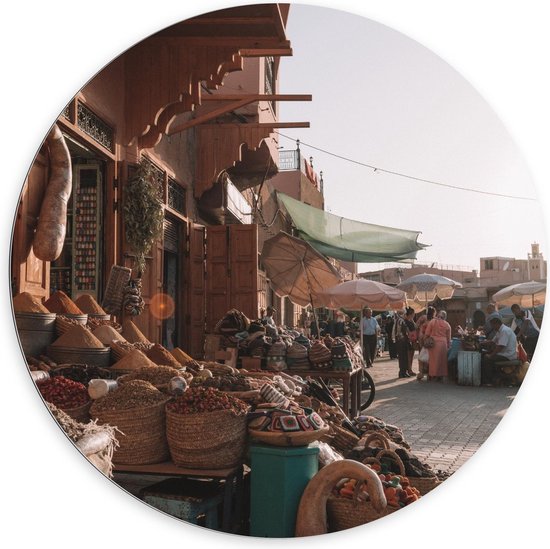 Dibond Wandcirkel - Markt in Marrakesh - Marokko  - 100x100cm Foto op Aluminium Wandcirkel (met ophangsysteem)