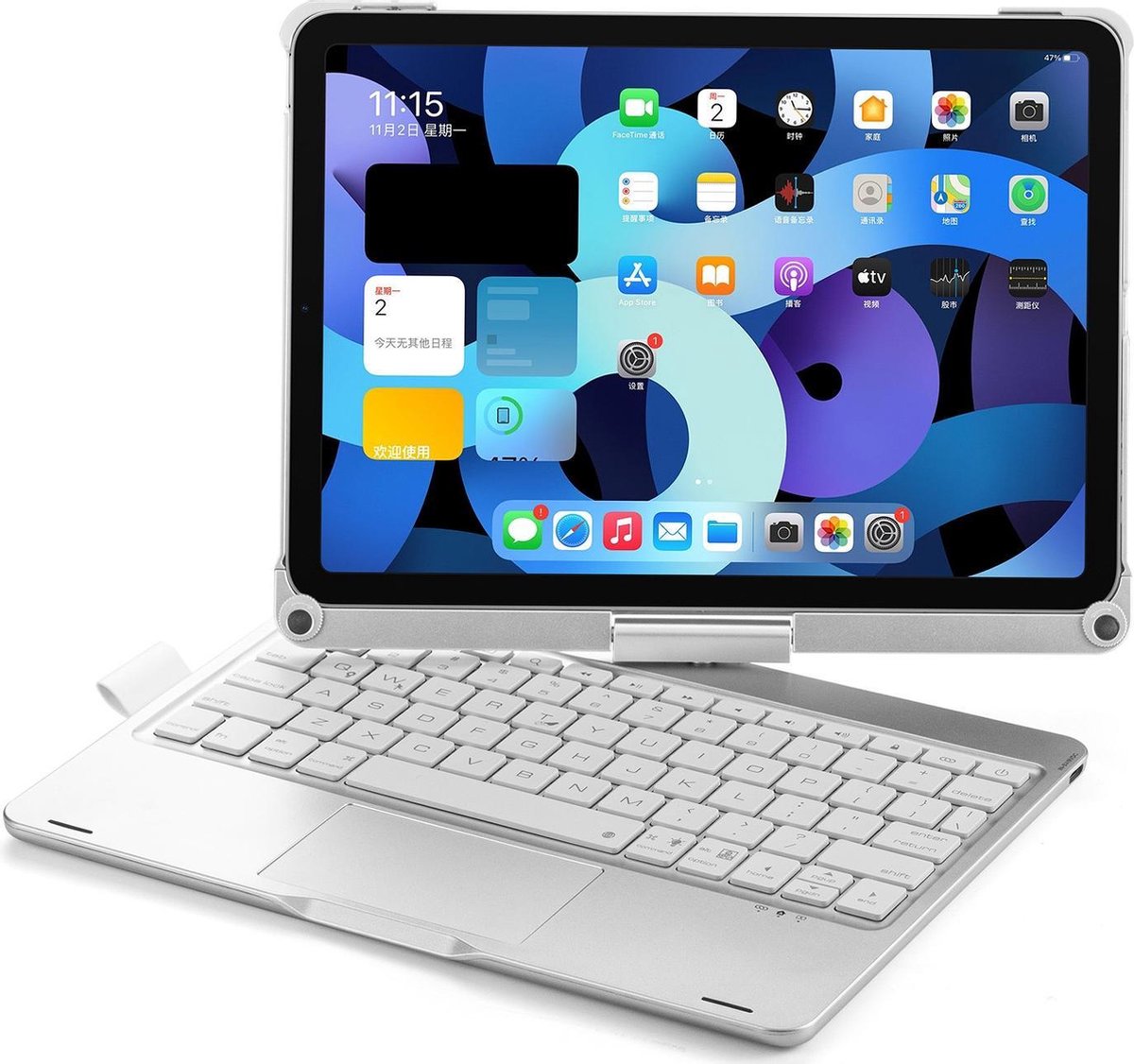 Case2go - Tablet Toetsenbord Hoes geschikt voor Apple iPad Air 2020 / 2022 10.9 inch - QWERTY - Bluetooth Toetsenbord hoes - Toetsenbord verlichting en Touchpad - 360 graden draaibaar - Zilver