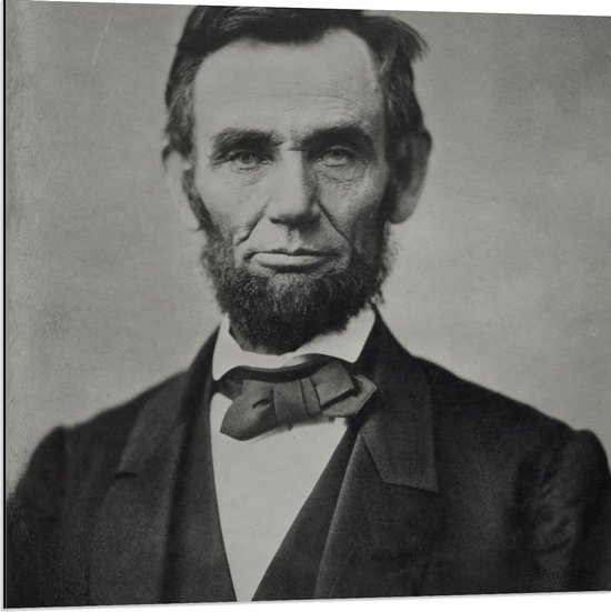 Dibond - Voormalige President Abraham Lincoln (zwart - wit) - 80x80cm Foto op Aluminium (Met Ophangsysteem)