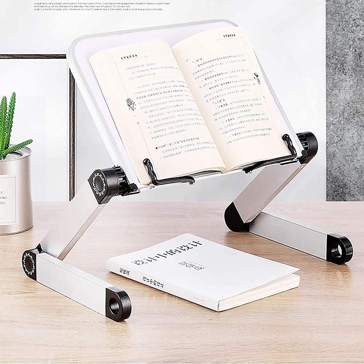 Houten boekenstandaard, verstelbare leesstandaard, opvouwbare boekenhouder, 360° draaibare basis, licht voor kantoor, keuken, school, leerboek, recept, tijdschrift, Kindle, tablet