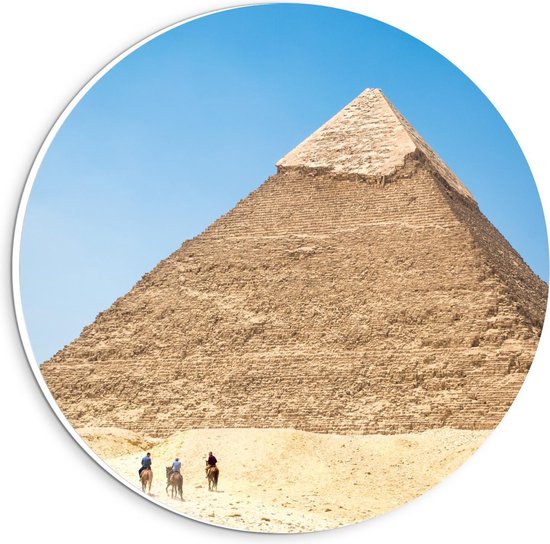 Forex Wandcirkel - Kamelen aan Piramide - 20x20cm Foto op Wandcirkel (met ophangsysteem)