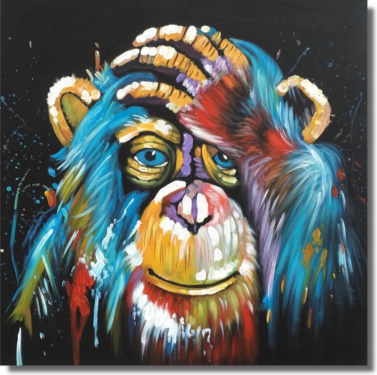 Schilderij chimpansee 75 x 75 - Artello - handgeschilderd schilderij met signatuur - schilderijen woonkamer - wanddecoratie - 700+ collectie Artello schilderijenkunst