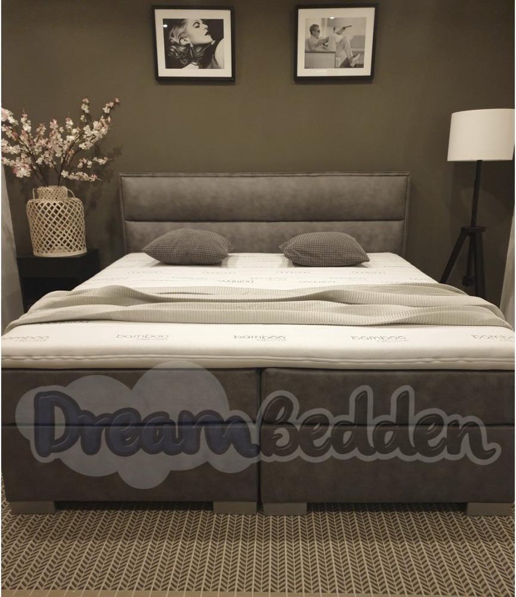 dreambedden Boxspring 160x210 Moscow incl. Meegestofferde 7-zones Pocketvering matrassen & HR55 koudschuim Bamboo exclusive topper. Grijs Grijs - Flex 180