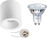 Opbouwspot Set - Pragmi Cliron Pro - GU10 Fitting - Opbouw Rond - Mat Wit - Verdiept - Ø90mm - Philips - SceneSwitch 827 36D - 1.5W-5W - Warm Wit 2200K-2700K - Dimbaar - BSE