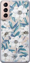 Samsung S21 hoesje siliconen - Bloemen / Floral blauw | Samsung Galaxy S21 case | blauw | TPU backcover transparant