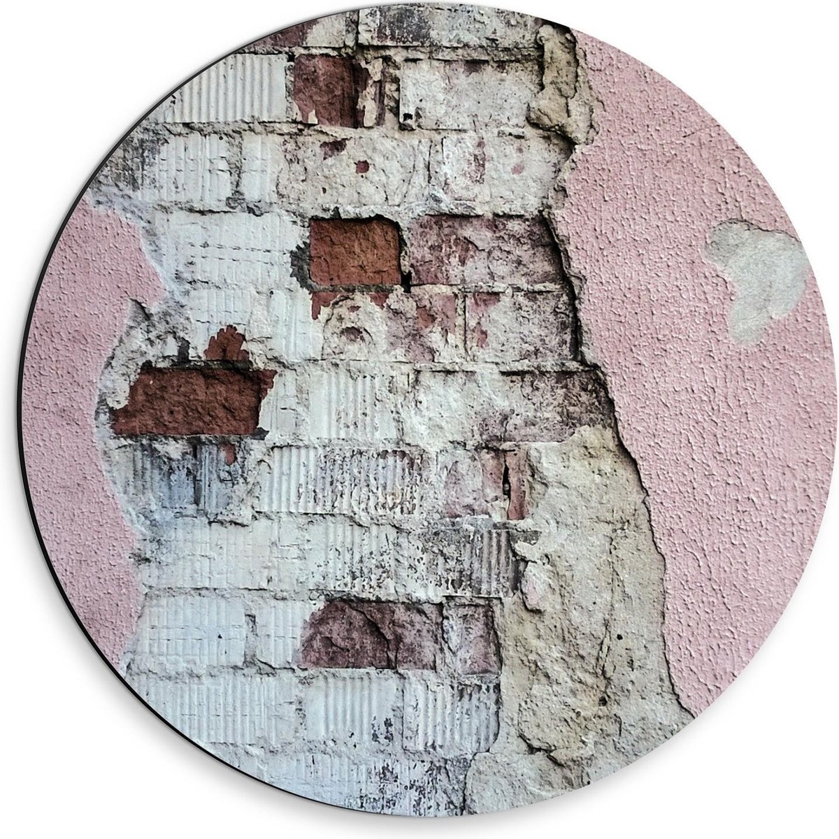 Dibond Wandcirkel - Bakstenen Muur met Roze Verf - 30x30cm Foto op Aluminium Wandcirkel (met ophangsysteem)