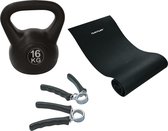 Tunturi - Fitness Set - Kettlebell 16 kg - Fitnessmat 160 x 60 x 0,7 cm - Knijphalters 2 stuks