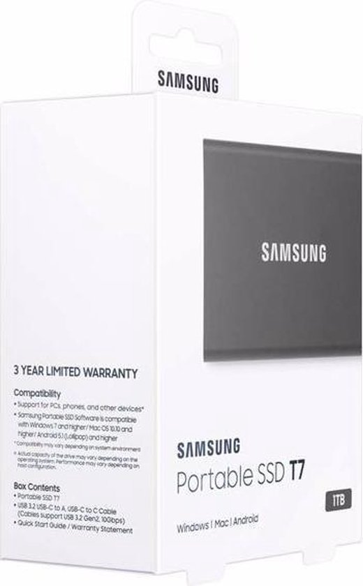 Samsung Portable T7 - Externe SSD - USB C 3.2 - Inclusief USB C en USB A kabel - Geschikt voor iPhone 15 - 1 TB - Grijs - Samsung