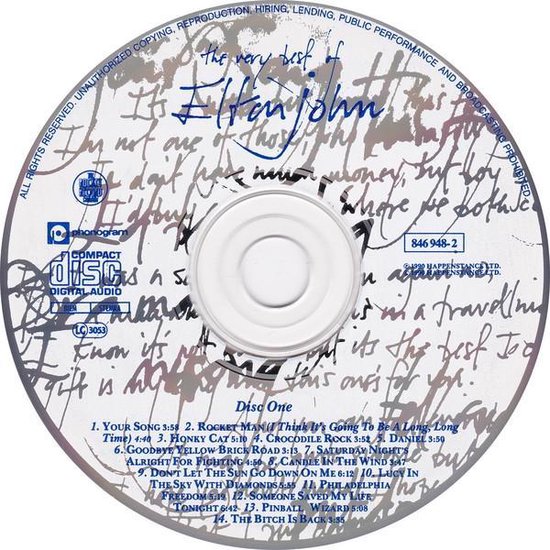 CD met songtitels 'Disc One' en een lijst van nummers, geschreven in handschrift met een zilveren achtergrond.