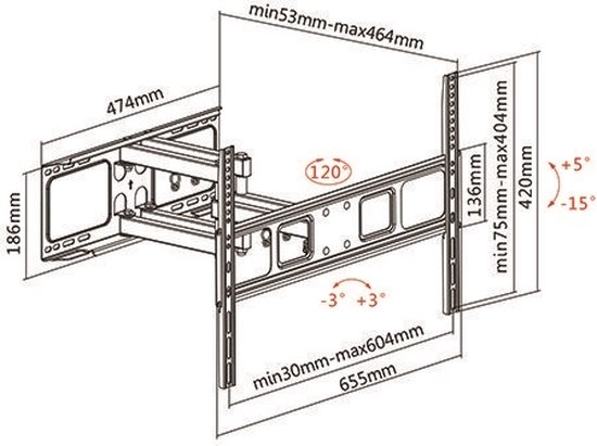 Munari SP 350, 75 x 75 mm, 600 x 400 mm, -15 - 5°, Noir