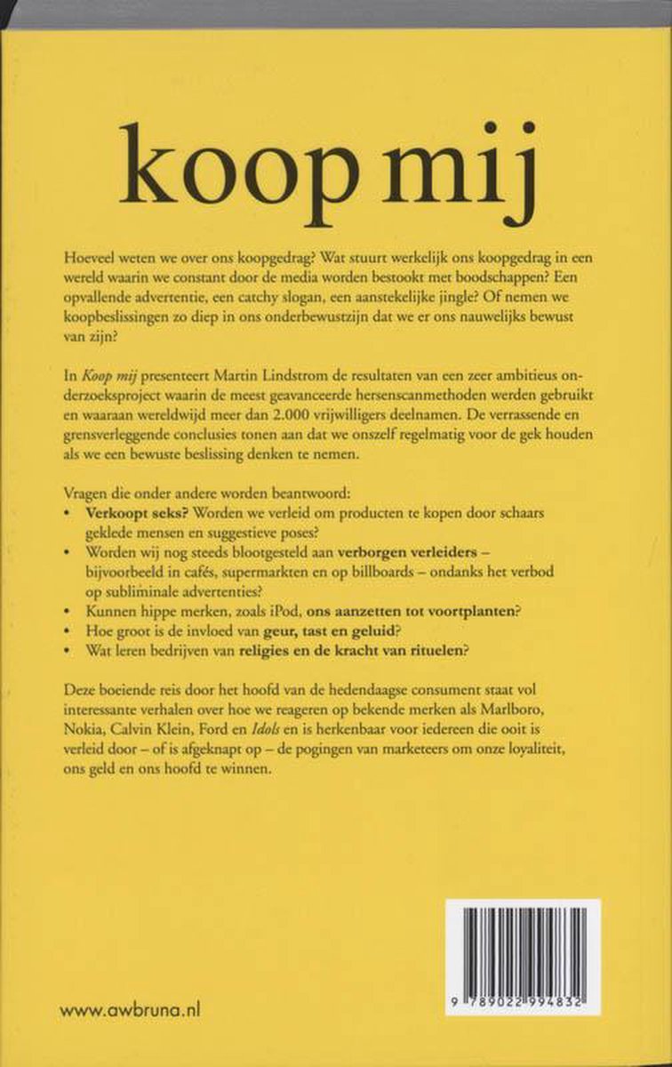 Achterkant boek "Koop mij" met gele achtergrond. Tekst over koopgedrag en hersenscans. Met ISBN.