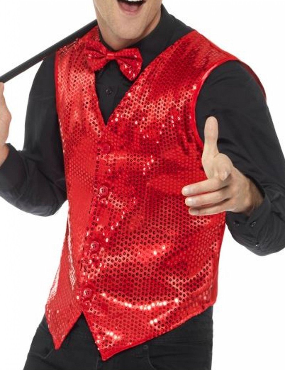 Smiffys Kostuum -XL- Sequin Waistcoat Rood
