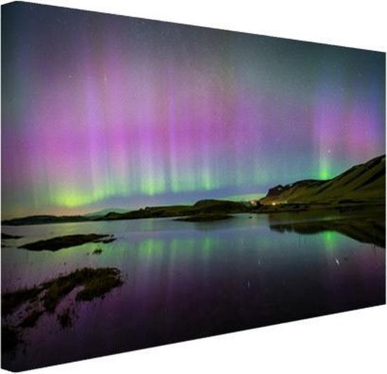 Canvas Schilderij Noorderlicht - IJsland - Paars - 90x60 cm - Wanddecoratie