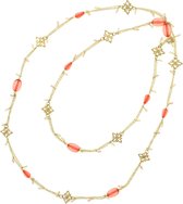 Behave Dames lange ketting goud-kleur met rood oranje kralen 138 cm