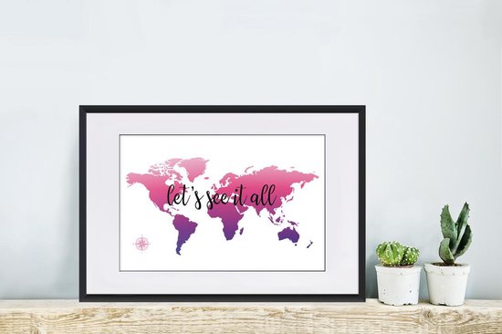 Fotolijst incl. Poster - Wereldkaart - Roze - Kompas - 60x40 cm - Posterlijst