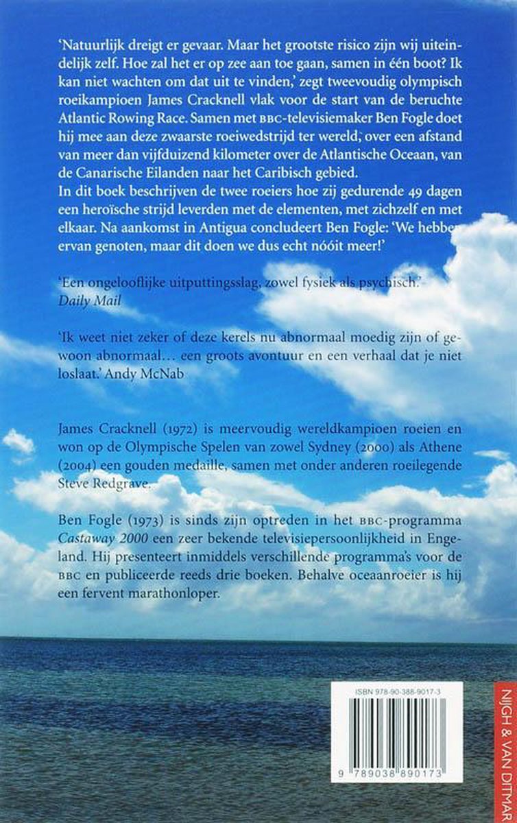 Achterkant van een boek met tekst over James Cracknell en Ben Fogle, en een afbeelding van de oceaan.