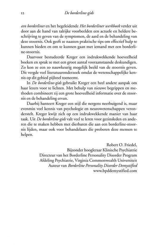 Pagina uit "De borderline-gids" met informatie over de auteur en de stoornis.