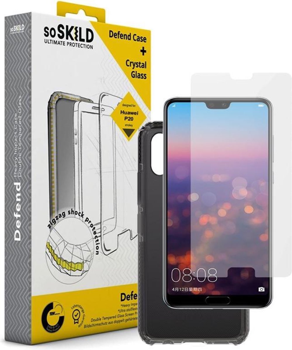 SoSkild Huawei P20 Defend Heavy Impact Case Smokey Grey and Tempered Glass Transparent