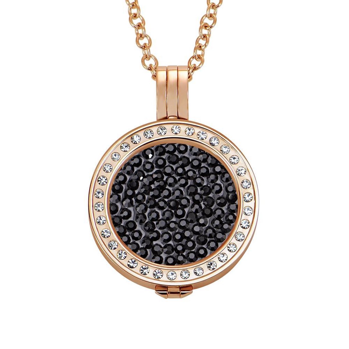 Quiges - Munthouder met Ketting en Munt 25mm Zirkonia Zwart - RVS Rose Goudkleurig met Zirkonia - EPRHZ189