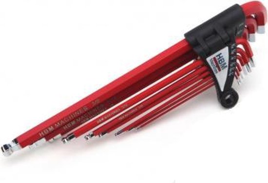 Set van 9 HBM Machines inch lange inbussleutels in rood met zwarte houder.