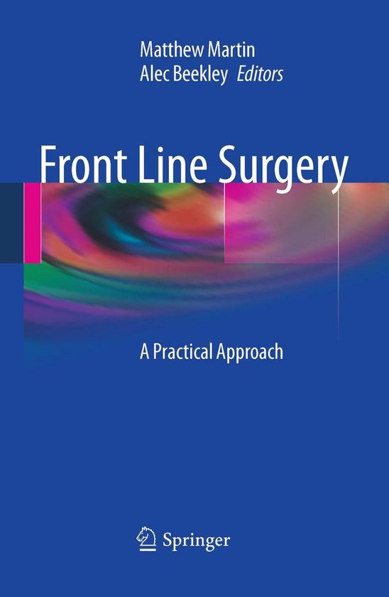 Boek 'Front Line Surgery' met blauwe kaft en abstracte gekleurde afbeelding.
