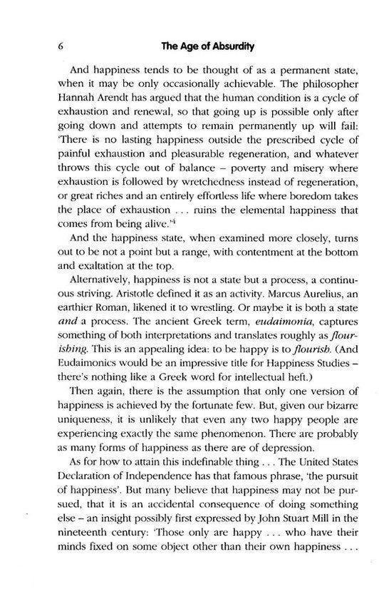 Tekstpagina uit 'De Absurditeit van Geluk' met paragrafen over geluk als cyclus, de Griekse term 'eudaimonia' en depressie.