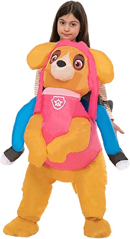 KIMU® Opblaas Kostuum Kinderen Patrol Paw Zittend Op Roze Hond - Maat 80 86 92 98 104 110 116 122 - Opblaasbaar Pak - Hondenpak Opblaaspak - Opblaasbare Puppy Halloween